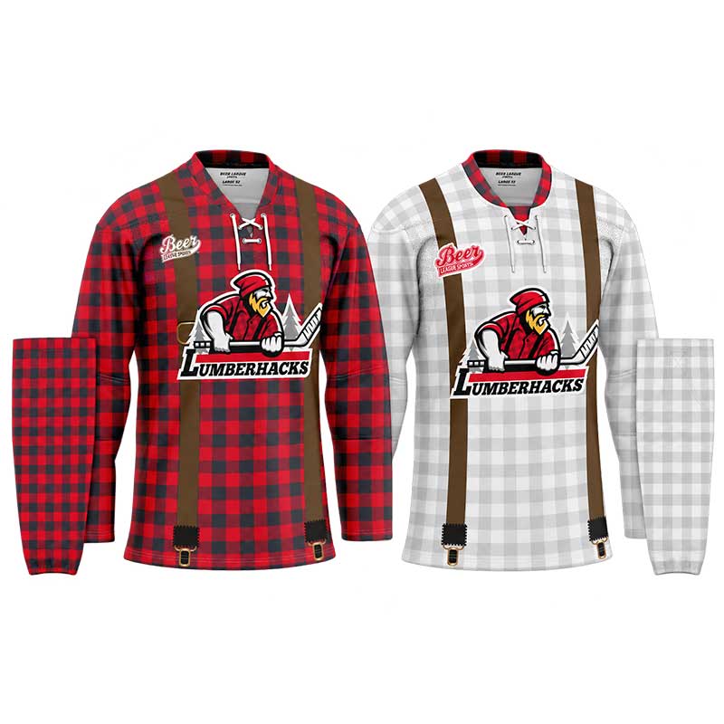 Lumberhacks home and away plaid hockey jersey set